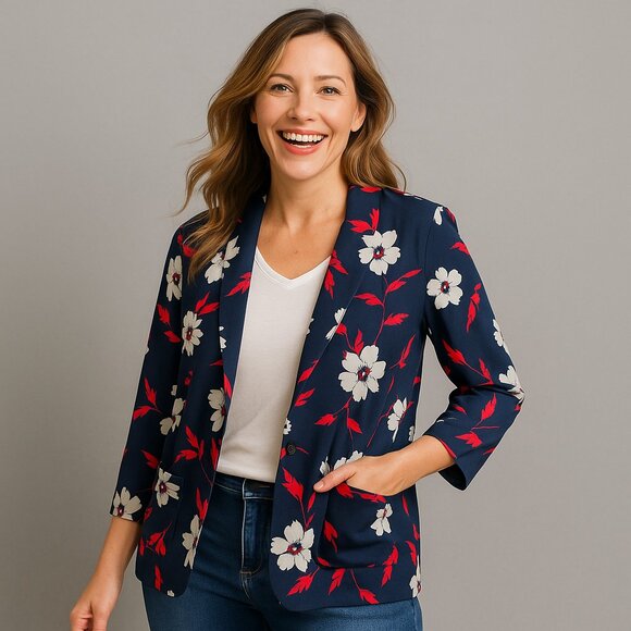 Roz & Ali Blue Red Floral Open Front Blazer L Lightweight Spring Officewear - Picture 1 of 8